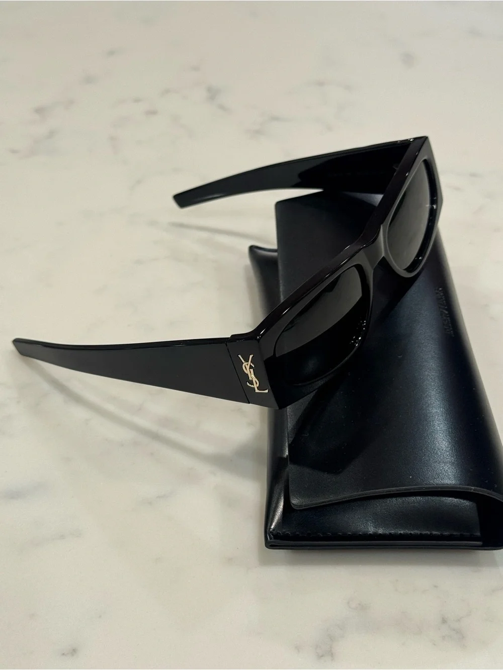 Saint Laurent Glossy Black Rectangular Sunglasses with Gold YSL Logo
